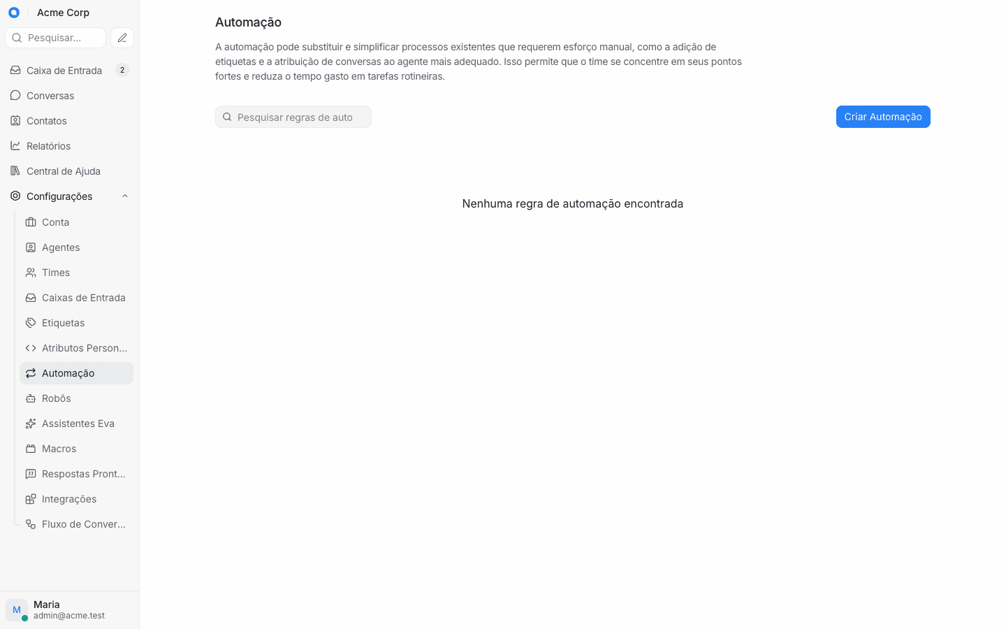 Tela de automação do ChatWoot BR para regras de atribuição e etiquetagem