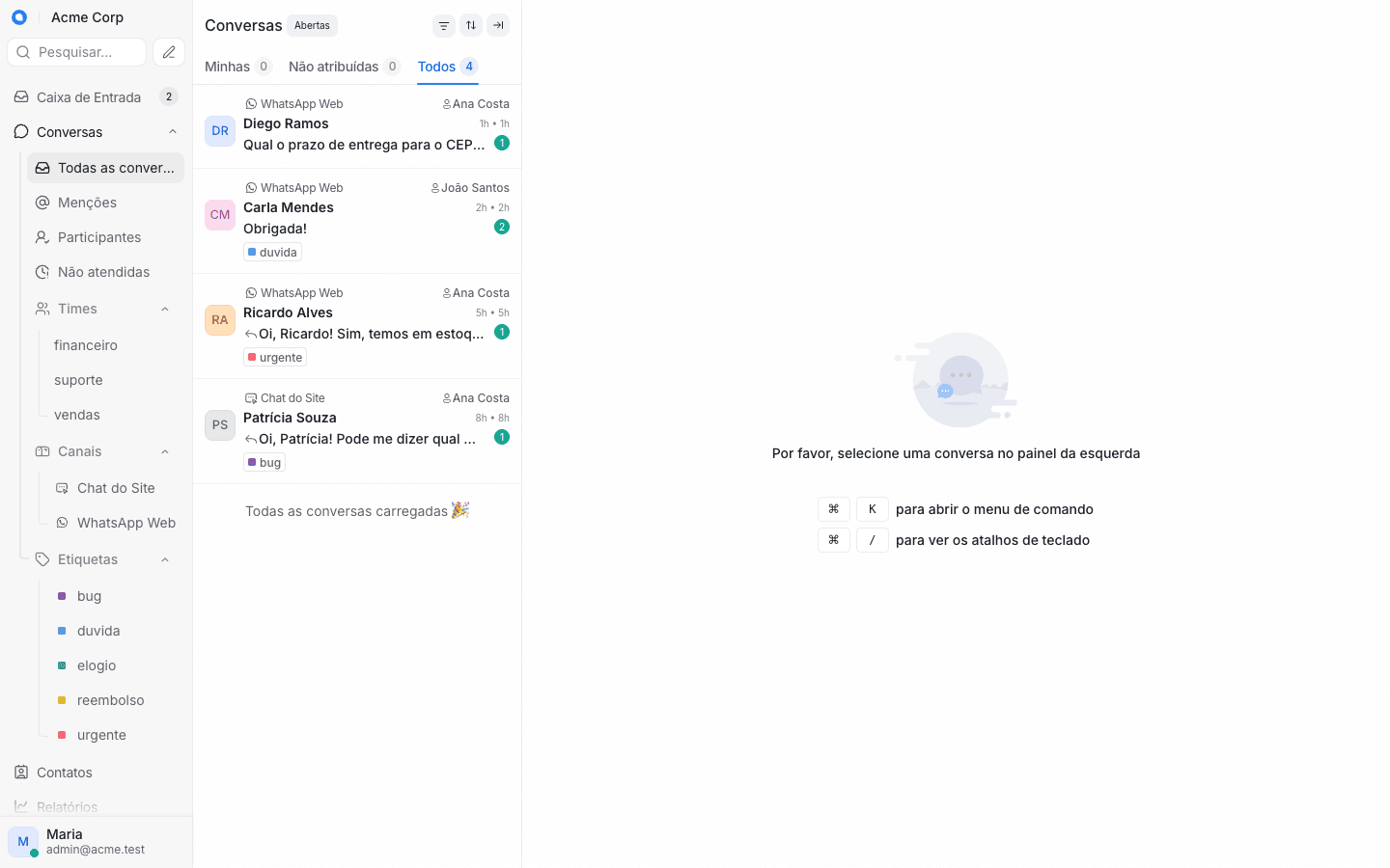 Caixa de entrada unificada do ChatWoot BR com conversas de WhatsApp e chat do site, times e etiquetas