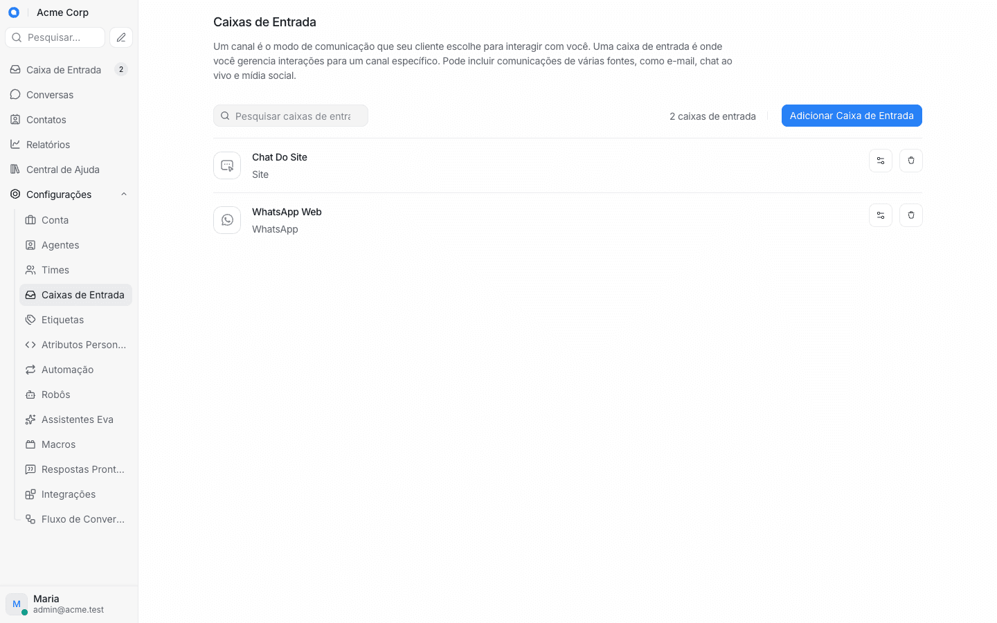 Tela de caixas de entrada do ChatWoot BR com os canais WhatsApp, e-mail e chat do site conectados