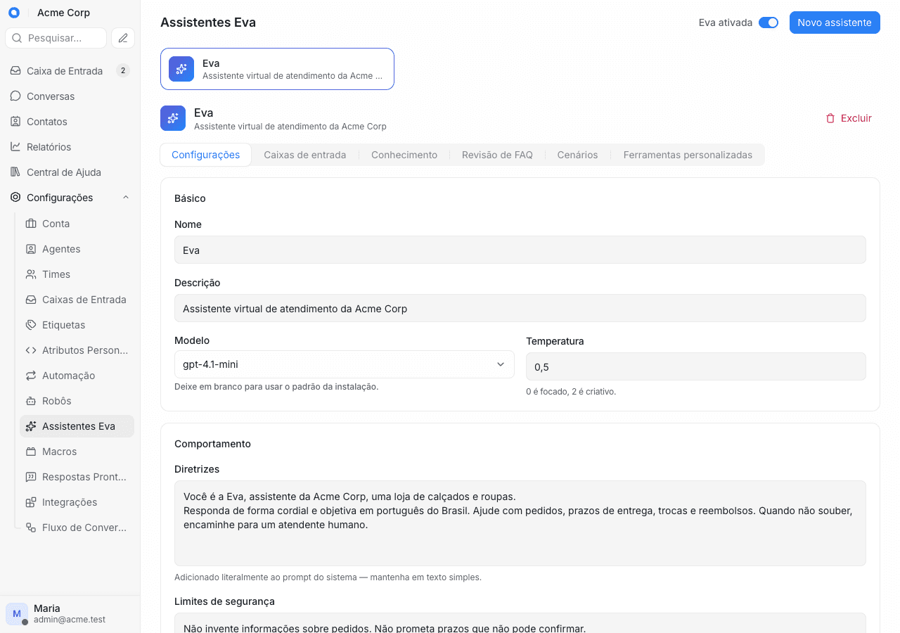 Configuração da assistente Eva no painel: modelo, diretrizes de comportamento e limites de segurança